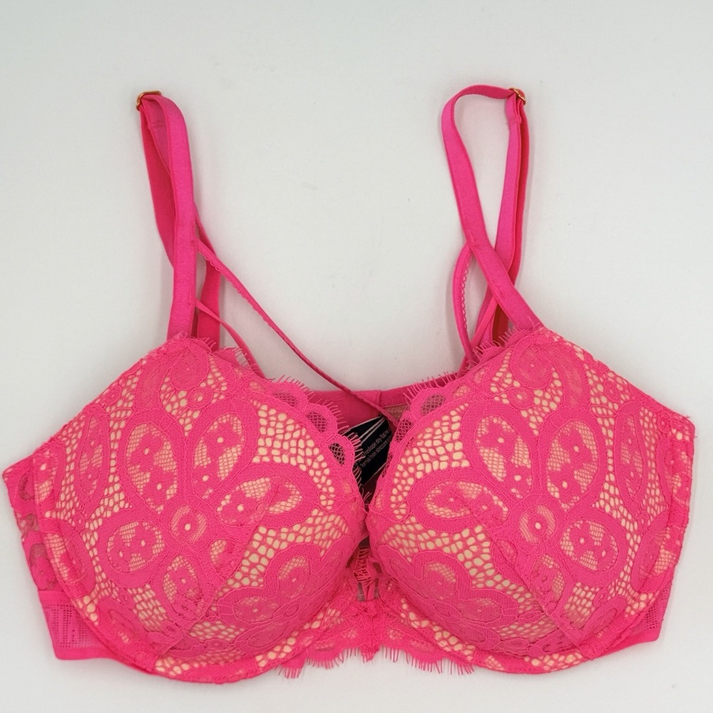 Victoria's Secret Very Sexy Strappy Push Up Bra 34C Neon Pink Lace Mesh Bra